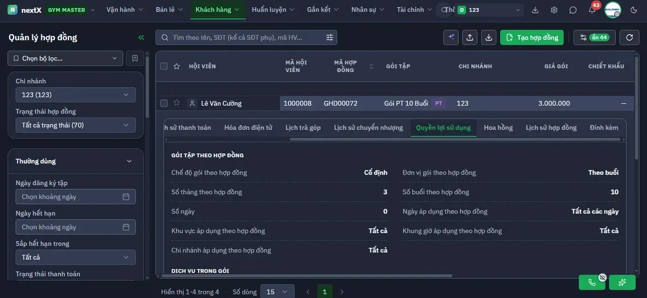 Tab Quyền lợi sử dụng.