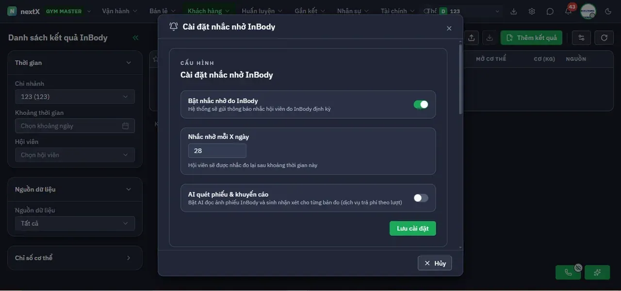 Hộp thoại Cài đặt nhắc nhở InBody.