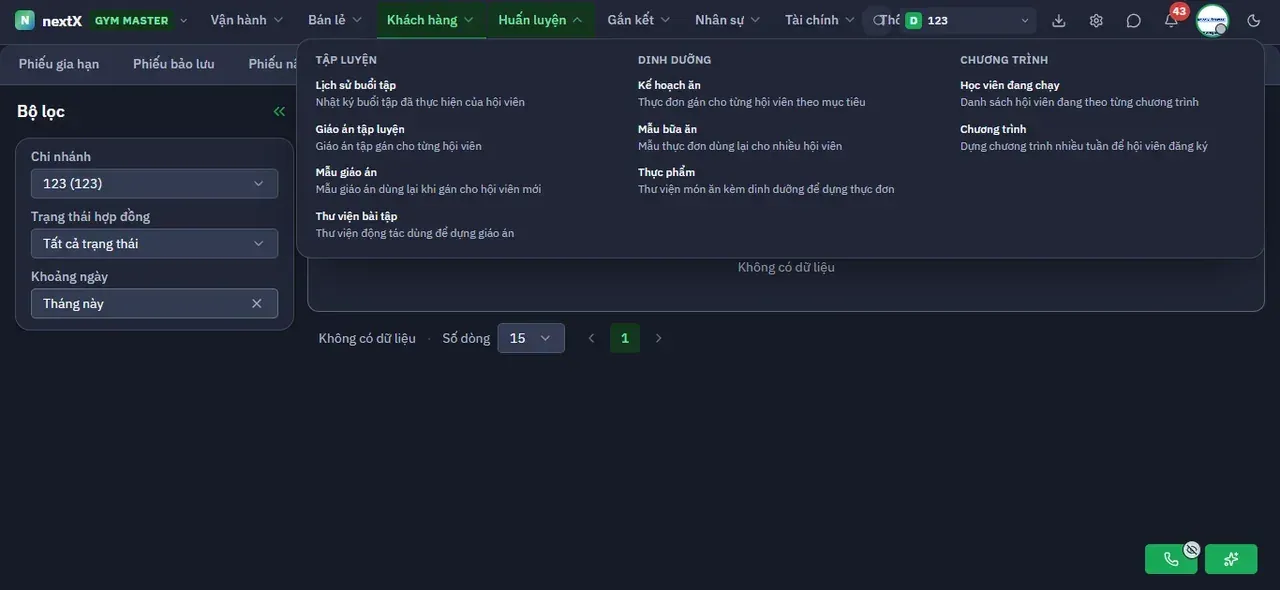 Menu Huấn luyện.