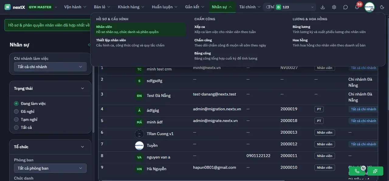 Menu Nhân sự.