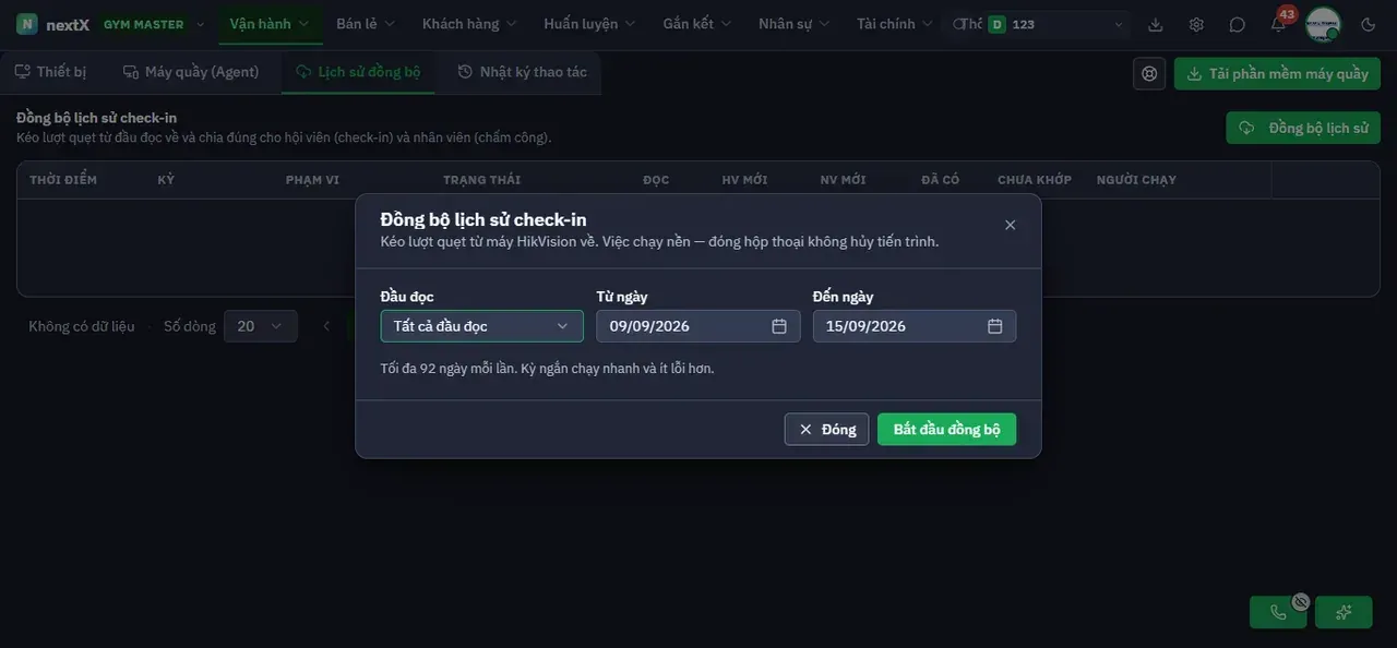 Hộp thoại Đồng bộ lịch sử check-in.